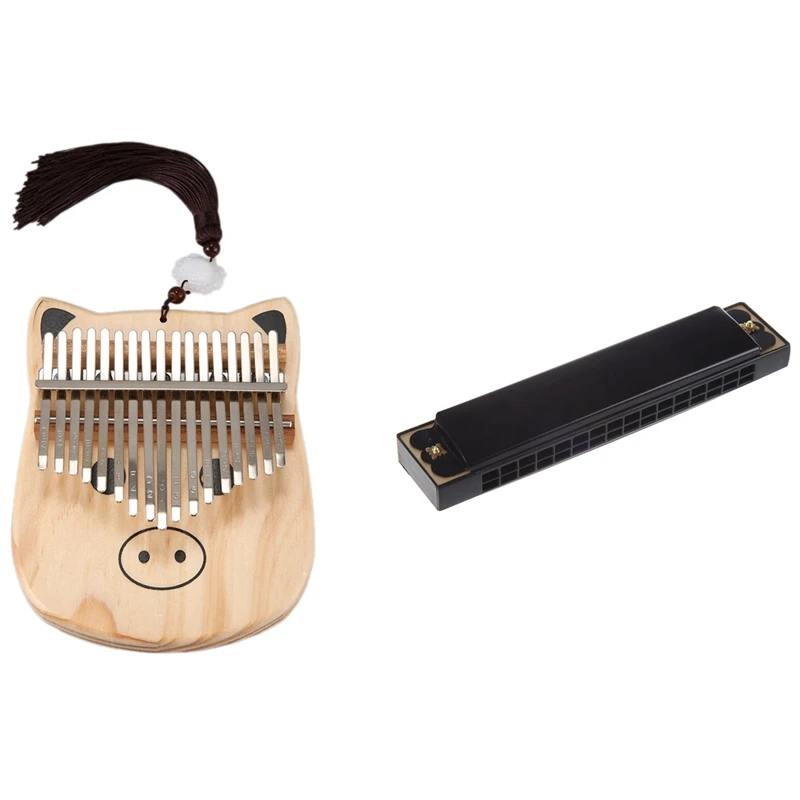 

32 Holes Metal Bee Harmonica Mouth Organ Black & Kalimba 17 Keys Thumb Piano with Tune Hammer Wood Hand Finger Piano