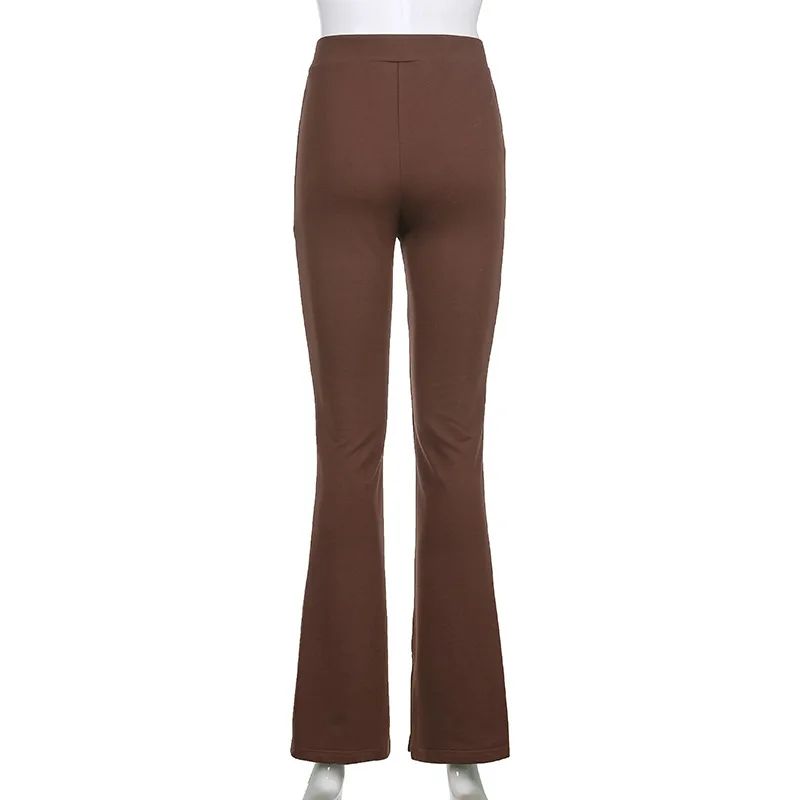 

High Waist Brown Flare Pants 90s Aesthetics Y2K Vintage Zip Up Skinny Long Trousers Indie Pants Slit Casual Streetwear