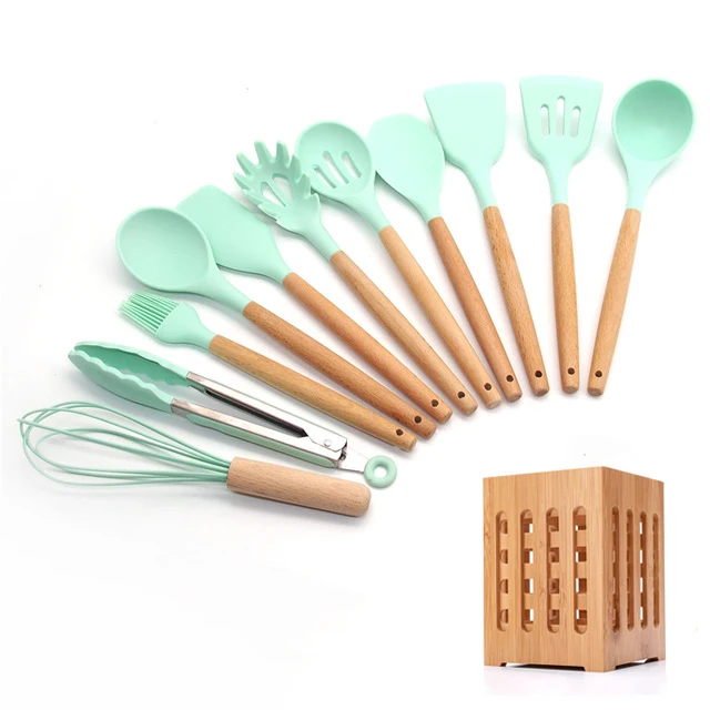 12-Pcs kitchen set Силиконовые набор для кухни 11/12/13 шт, кухонный набор,набор кухонных принадлежностей, антипригарным,деревянной с лопатки, ложка,половник,Кухня инструменты,кухонная утва,серый,кухонные принадлежности из силикона - Цвет: 12-Pcs kitchen set