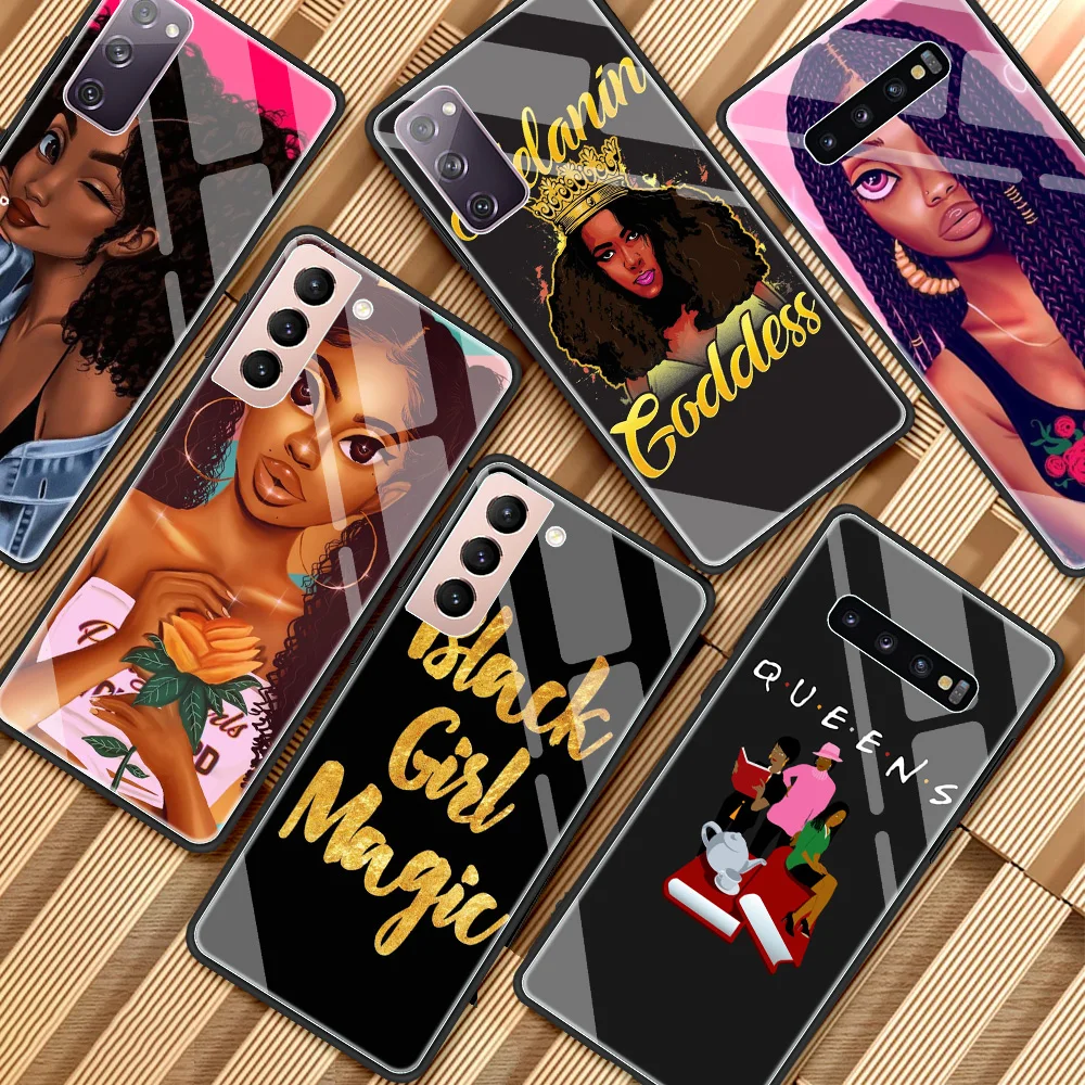 

Glass Case For Samsung Galaxy S20 FE S21 Ultra S10 Plus Note 20 10 Lite Luxury Tempering Phone Cover African Beauty Afro Puffs