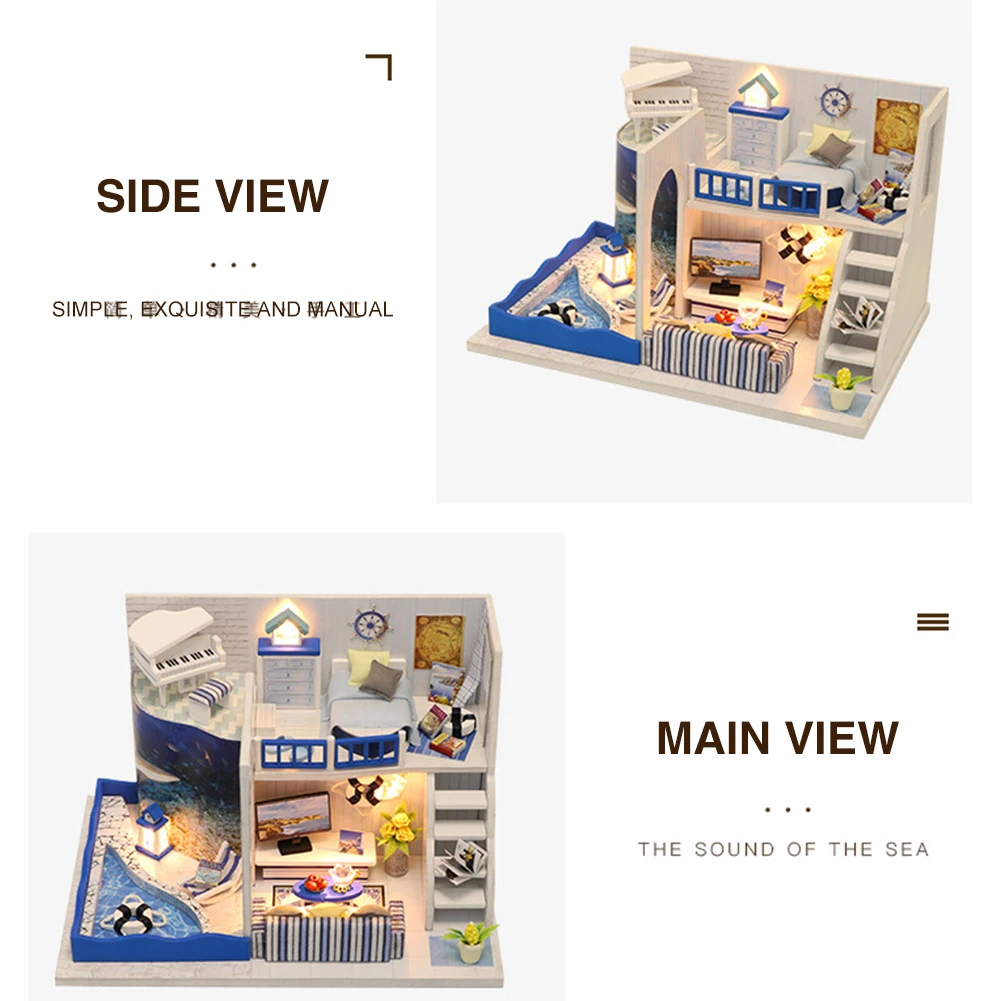 

DIY Doll House Wooden The Sound Of Sea Miniature Dollhouse Furniture with LED for children kids Educational Toys