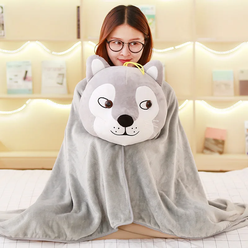 

2019 New Funny lovely face dog pillow plush toys Nap blanket Warm hands shawl plush children girl birthday present Dog Head Doll