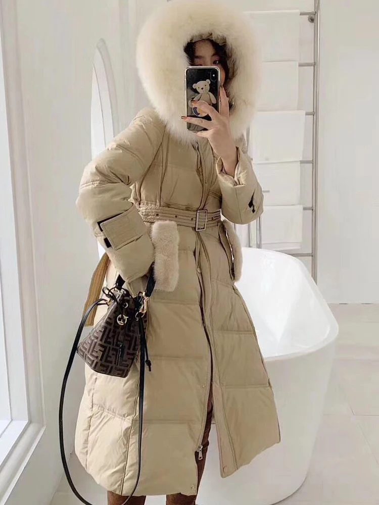 Женский пуховик с капюшоном Длинная ветровка цвета хаки и синего/черного из