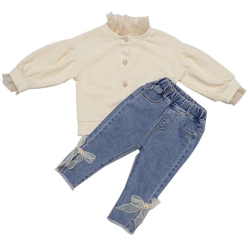 

Girls' Lace Collar Cardigan Two-Piece Set 2020 Autumn New Baby's Knitted Suit Children's Clothing