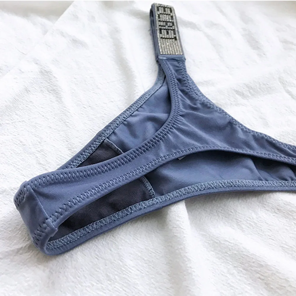 

Letter Rhinestone Panties Underwear Hip Lifting Satin Thong Sexy Low Waist Seamless Briefs Lingerie Swimwear Bottom 2021 NEW