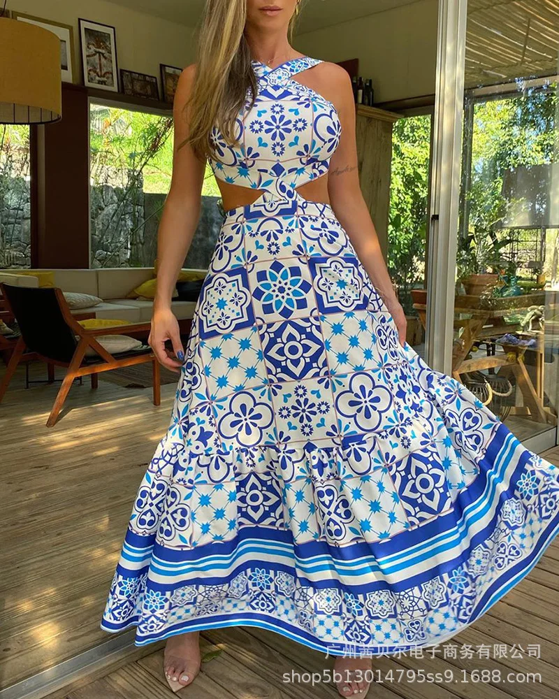 

WEPBEL Women Elegant Folk Style Print Dress Ladies Sexy Sleeveless Halter High Waist Long Dress