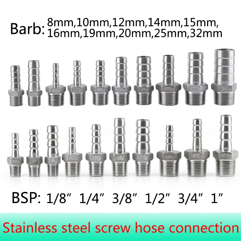 1Pcs Stainless Steel Male BSP 1/8" 1/4" 3/8" 1/2" Thread Pipe Fitting Barb Hose Tail Connector 6mm 8mm 10mm 12mm Tools Accessory