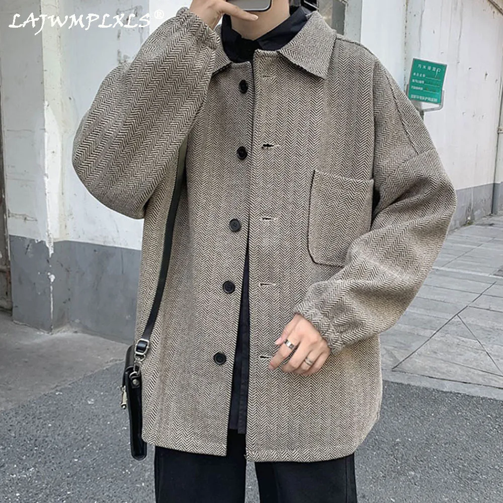 

Autumn Short Woolen Coat Men's Fashion Solid Color Casual Woolen Jacket Men Streetwear Loose Korean Style Woolen Coat Mens