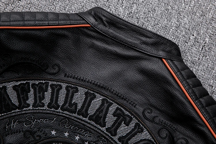 Black Men Skulls Embroidery Motorcycle Leather Jacket Plus Size XXXXL Genuine Cowhide Spring Slim Fit Biker's Leatther Coat
