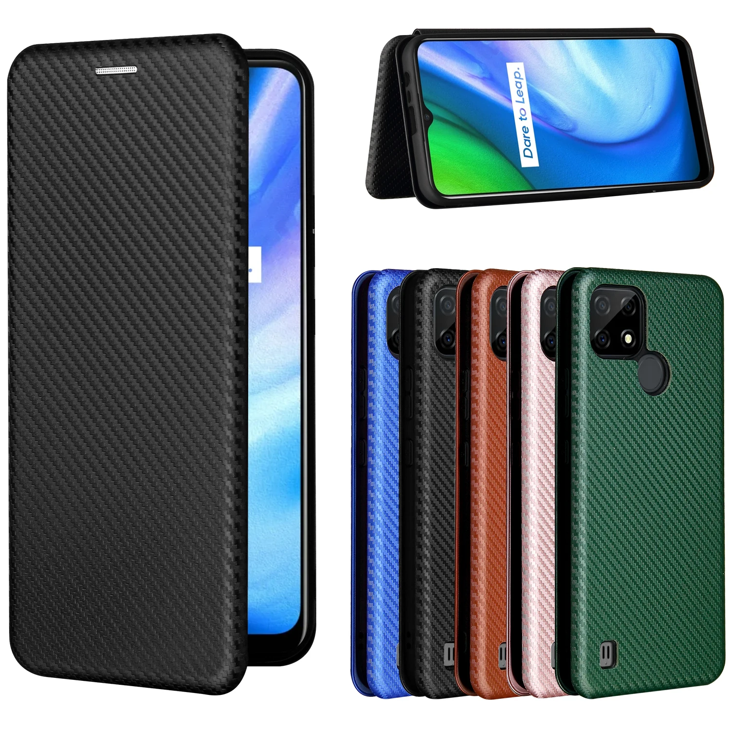 

Чехол для Realme C21, кожаный чехол-книжка из углеродного волокна для OPPO Realme C21 C 21, деловой Магнитный кошелек с отделением для карт, тонкий чехол 6,...