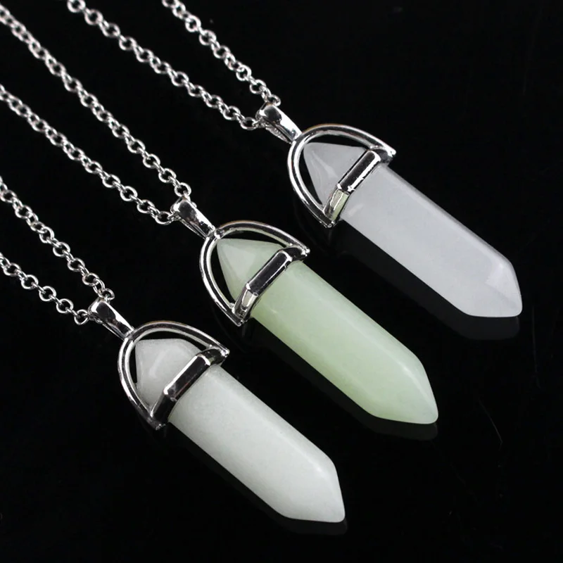 Luminous Fluorescent Natural Gem Stone Quartz Bullet Hexagonal Pendulum Pendant Necklace men's women's Glow in the dark Charm |