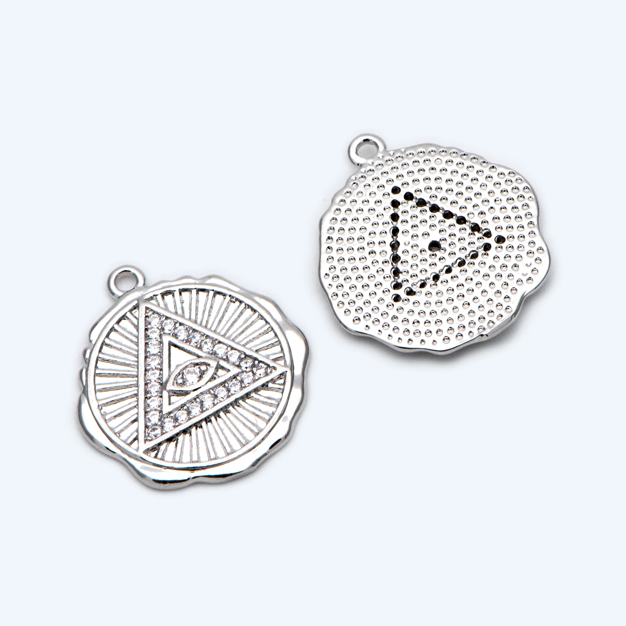 

4pcs CZ Paved Silver Tone Triangle Evil Eye Charm 17mm, Rhodium Plated Brass, Round Coin Disk Pendants (GB-1755-2)