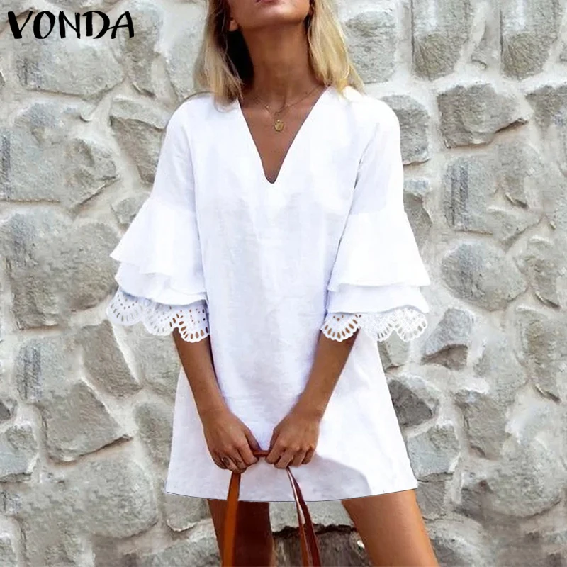 VONDA летнее платье для женщин полые Половина рукава расклешенные мини с оборками