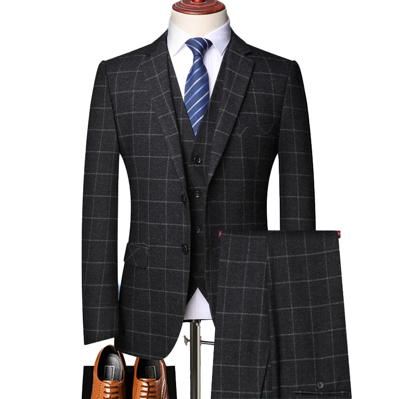 

( Jacket + Vest +Pants ) Boutique Fashion Black Plaid Men's Formal Business Suit Three-piece Groom Wedding Dress Party Show Suit
