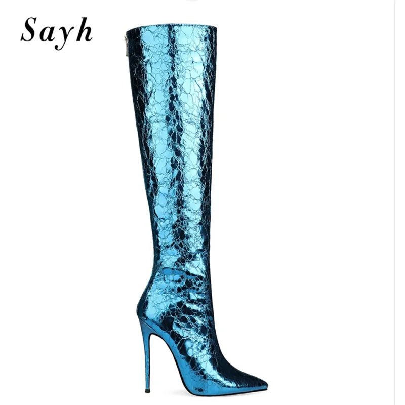 

Fashion Winter Woman High Heel Shoes Knee High Boots Pointy Toe Tall Boots Women's Winter Boots Bright Patent Leather Shoes Size