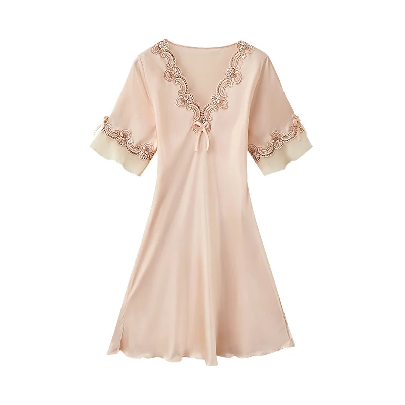 SR099 Plus Size V-neck Sleepdress Ice Silk Short Sleeve Lace Skirt Home Nighty Sexy Sleepwear Women Silk Lingerie Sleeping Dress