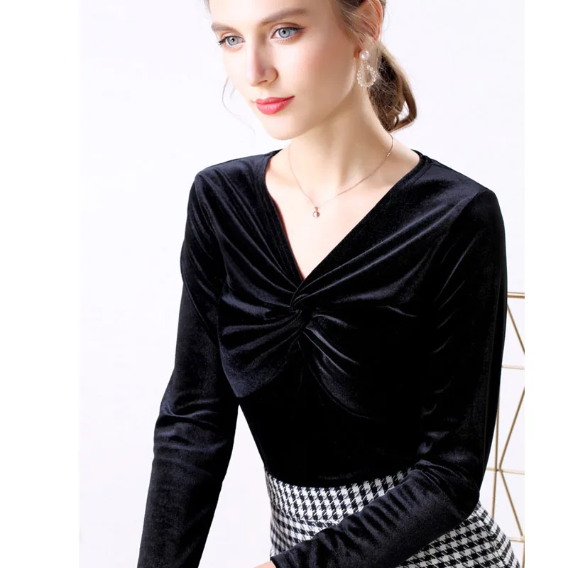 Autumn Woman Bottom Shirt Velvet Retro V-neck 2020 New Slim Long Sleeve Womans Shirts Bottoming Red Black Green | Женская одежда