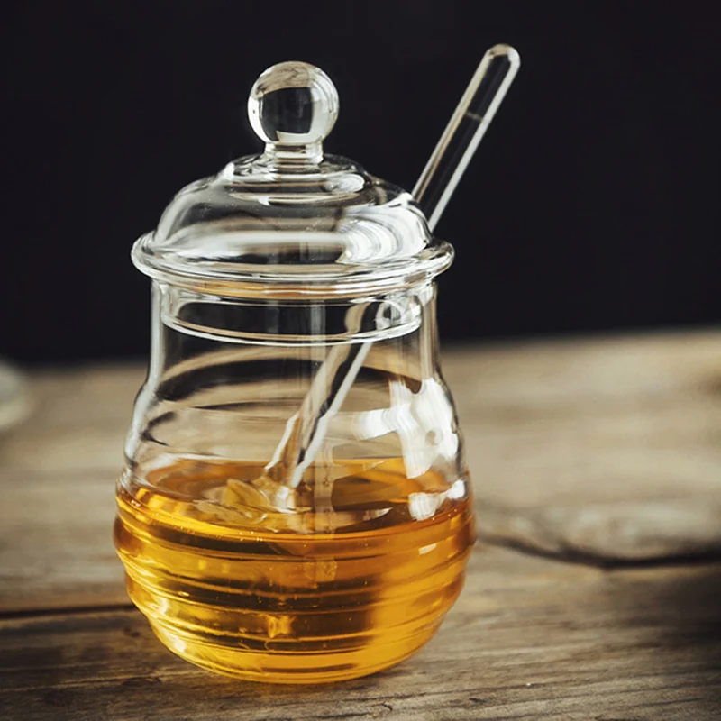 

Glass Honey Jar High Borosilicate Glass Kitchen Jar Honey Pot with Dipper and Lid Storage Jar Container for Honey Syrup 250ML