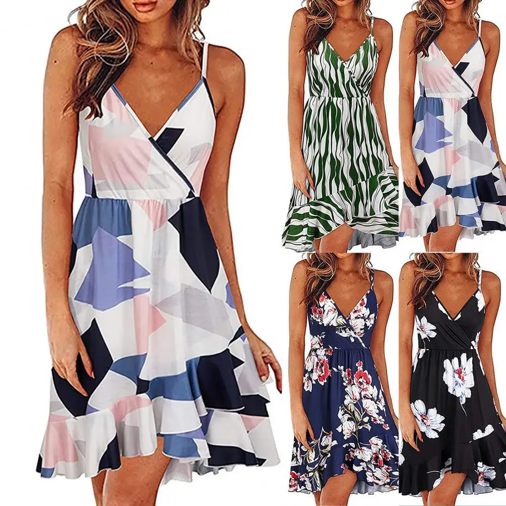 

Dress Women 2021 Summer V Neck Ruffle 4 Colors Ladies Floral Printing A-line Dress Plus Size Casual Mini Dress Vestidos Sexy 2XL