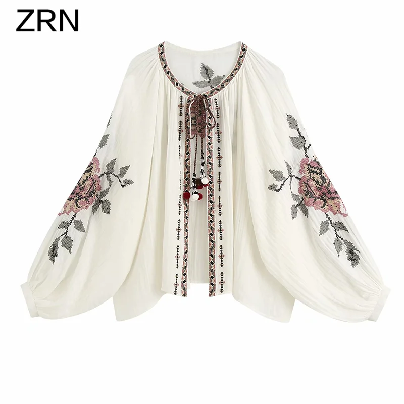 Женские блузки с вышивкой и рукавом фонариком ZRN рубашка вырезом лодочкой на