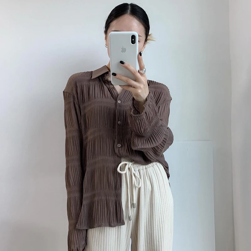 New 2020 Summer Spring Korea Style Hollow Out Turn-down Collar Full Sleeve Single Breasted Women Loose Shirt Z932 |