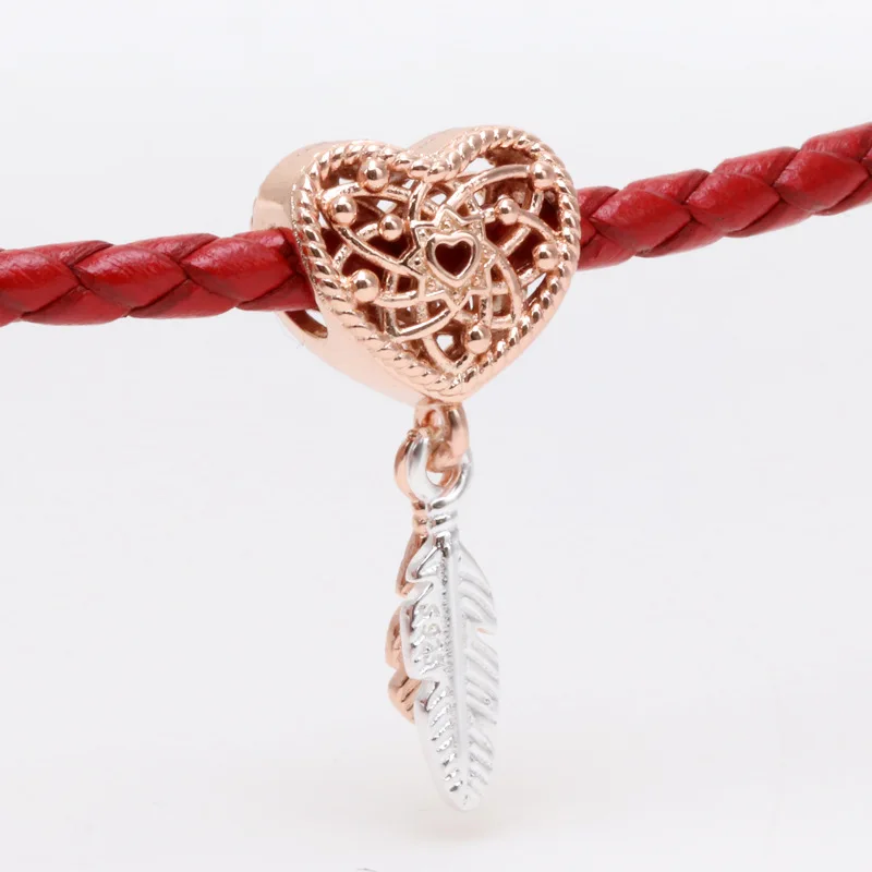

Lorena Genuine 925 Sterling Silver Hollow Heart & Two Piece Falling Feather Dream Catcher Charm fit Original bead Bracelet