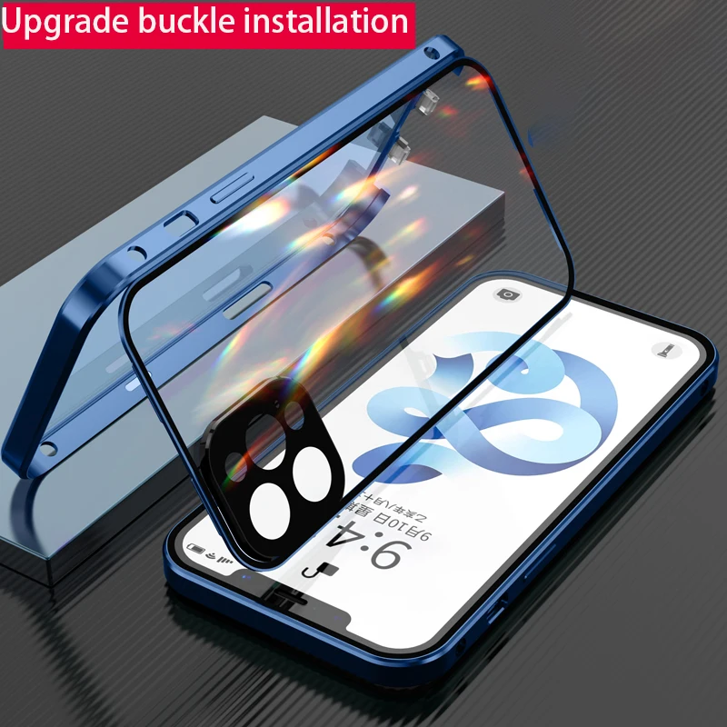 

Double Sided Glass Magnetic Metal Phone Case for IPhone 11 12 Mini Pro Max XS Max XR with Camera Lens Protection Magnet Cover