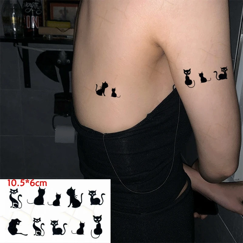 

Waterproof Temporary Tattoo Sticker Black Cute Small Cat Fishbone Fake Tatto Flash Tatoo Neck Hand Back Foot Shoulder Women Men