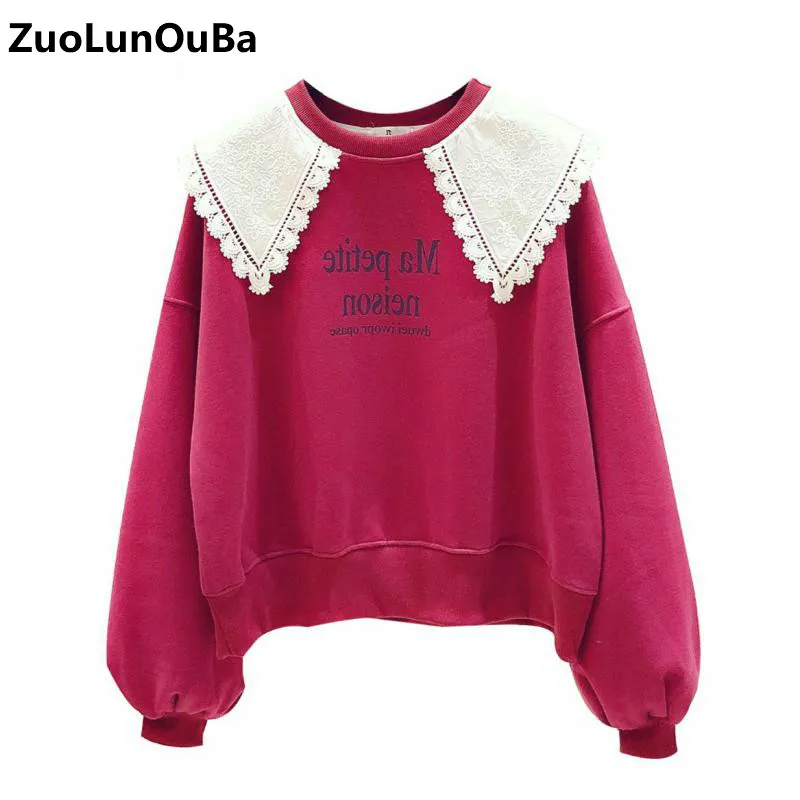 

2020 Winter New Korean Style Doll Collar Women Sweatshirt Lace Stitching Letters Loose Casual Sweet Round Neck Ladies Pullover