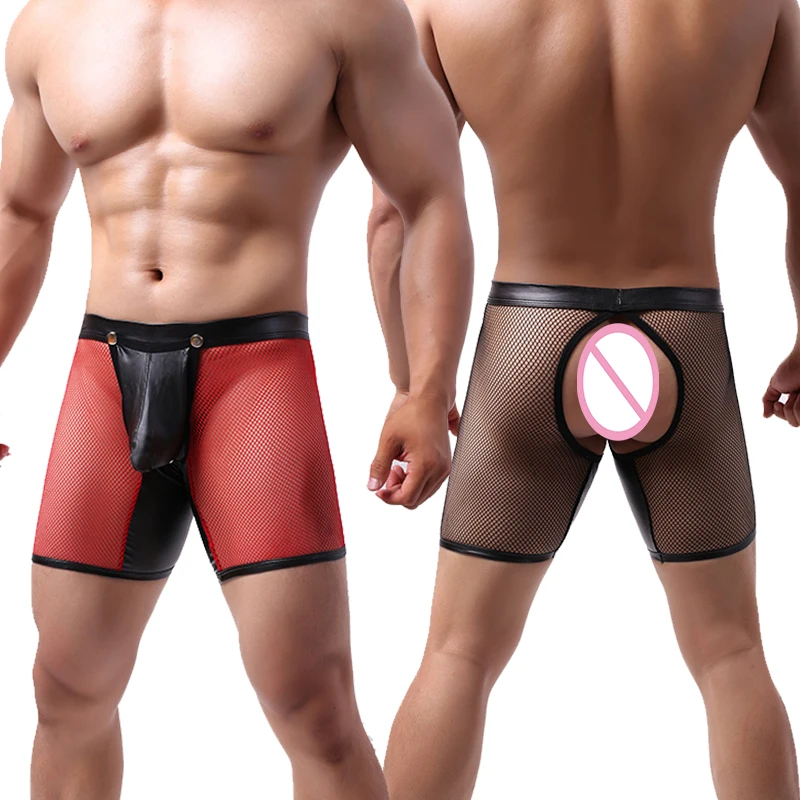 

Мужские трусы-боксеры, Прозрачное нижнее белье из искусственной кожи на пуговицах