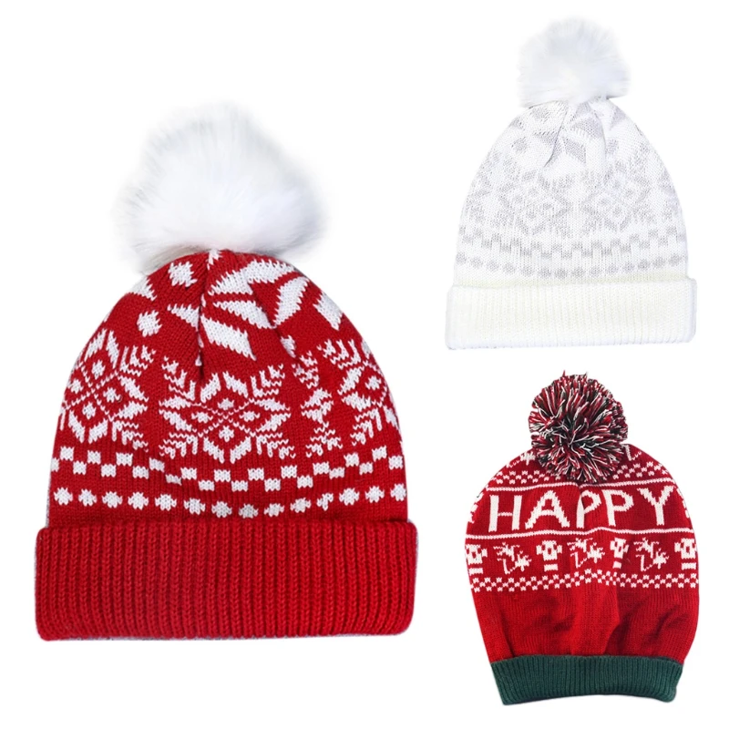 

Women Christmas Snowflake Winter Knit Beanie Hat Fluffy Pompom Cuffed Skull Cap A2UA