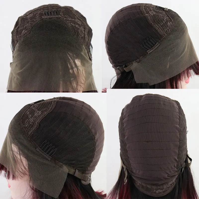 BM короткий прямой Боб Синтетический 13*3 парик фронта шнурка темные корни Омбре красное вино термостойкие волокна волос средний пробор для женщин