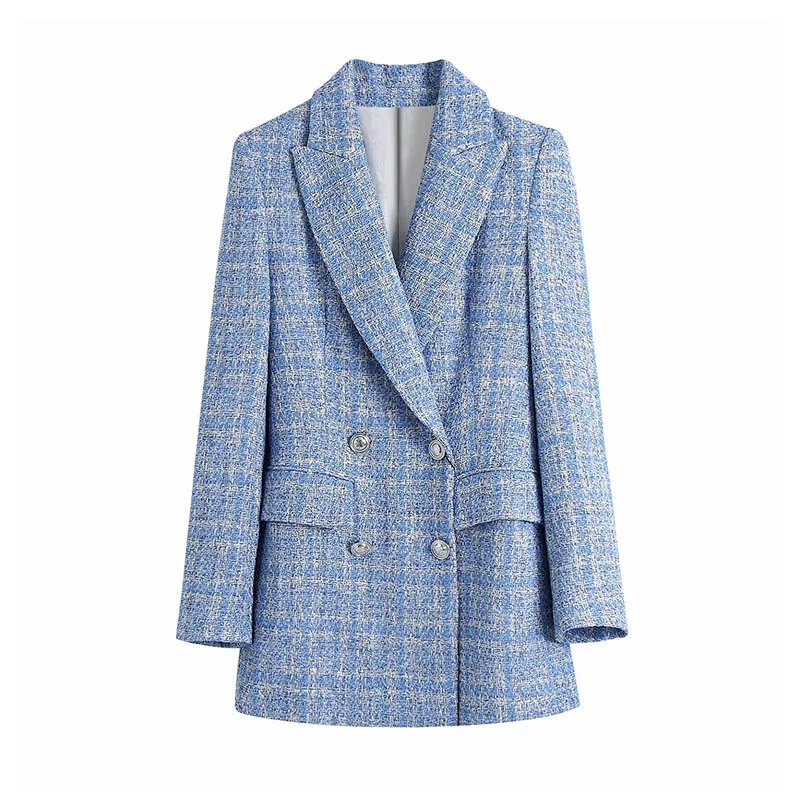 High Quality Women's Office Suit 2022 Spring and Autumn Plaid Blue Elegant Long Sleeve Jacket Fashion Loose Long Blazer Coat