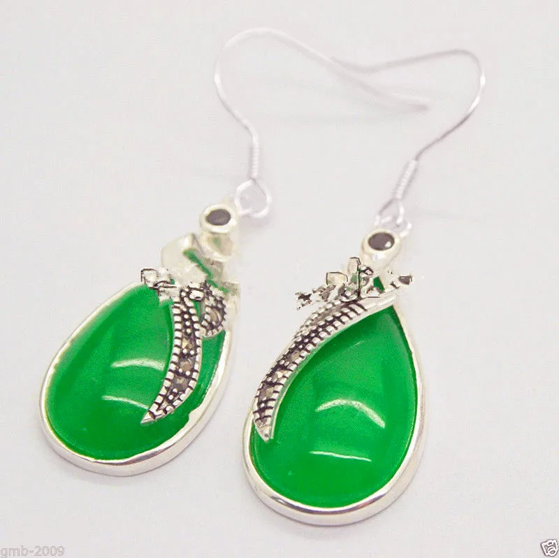 

15*26mm Natural Green Natural jade 925 silver & Marcasite Earrings
