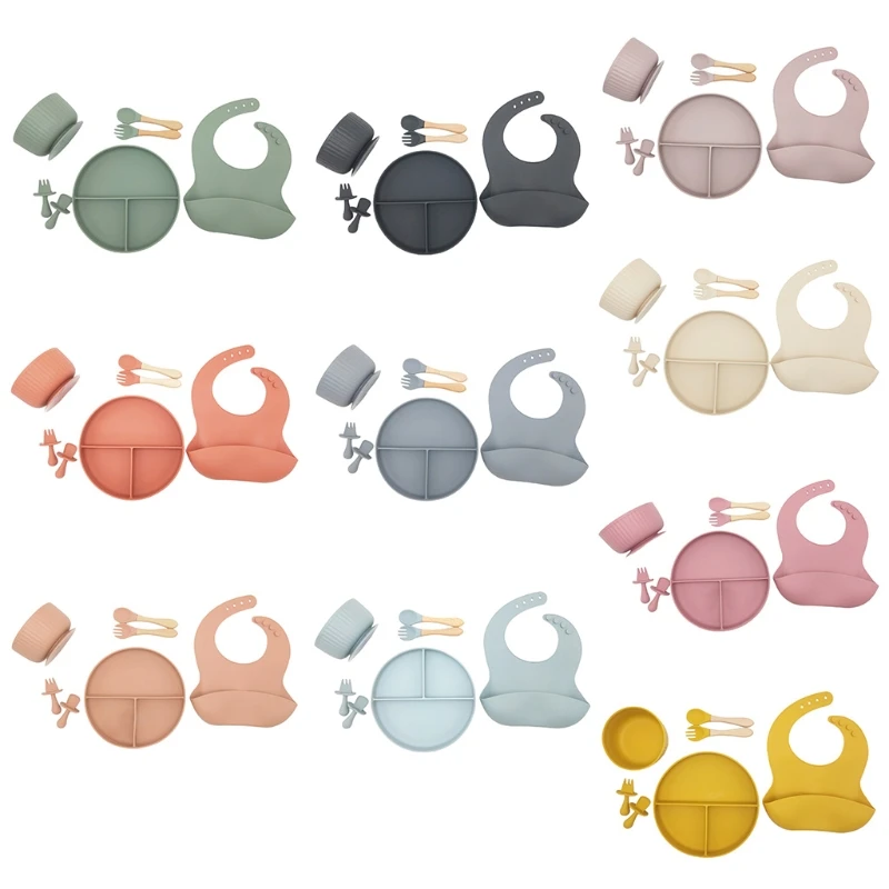 

7 шт./компл., силиконовый набор для детского кормления, нагрудник для младенцев, тарелка, миска, первый этап, ложка, вилка, прорезыватель для м...