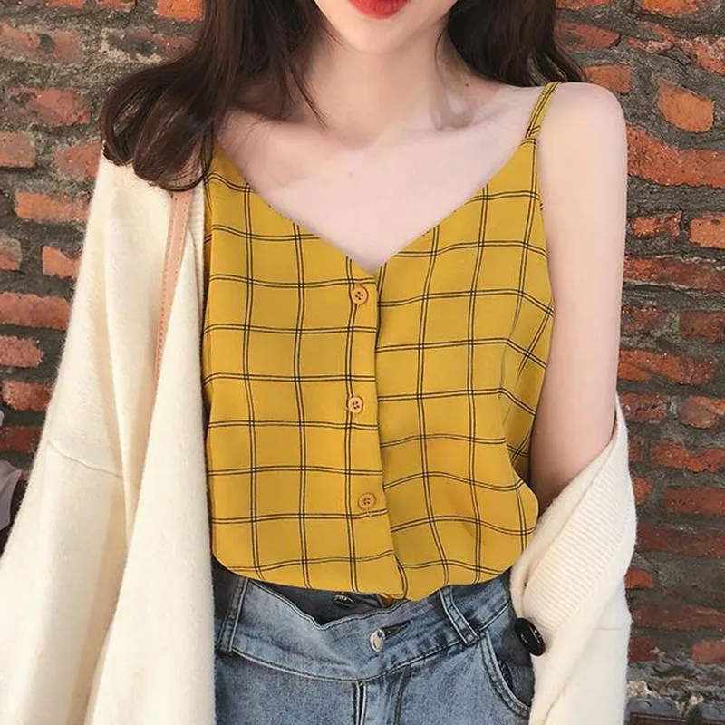 Женский Свободный укороченный топ Модный повседневный клетчатый Топ без рукавов