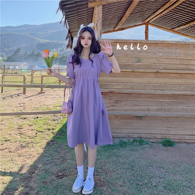 

New summer short-sleeved v-neck French sweet purple dress