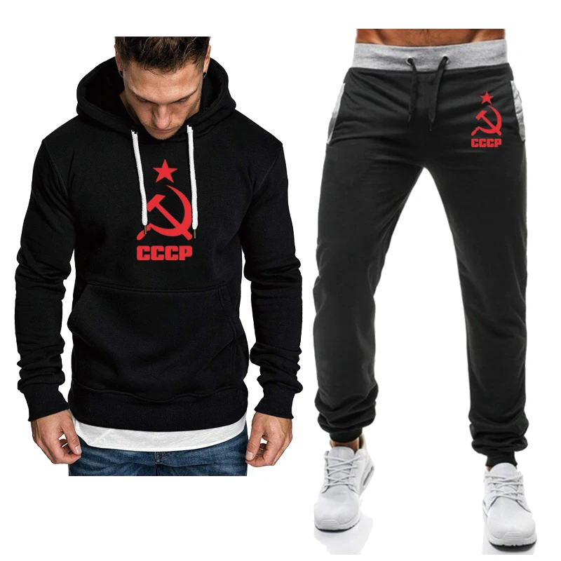 

Spring Autumn Men's suits Unique CCCP Russian USSR Soviet Union Print cotton Solid color Men's Hoodie + High Waist Pants 2-piece