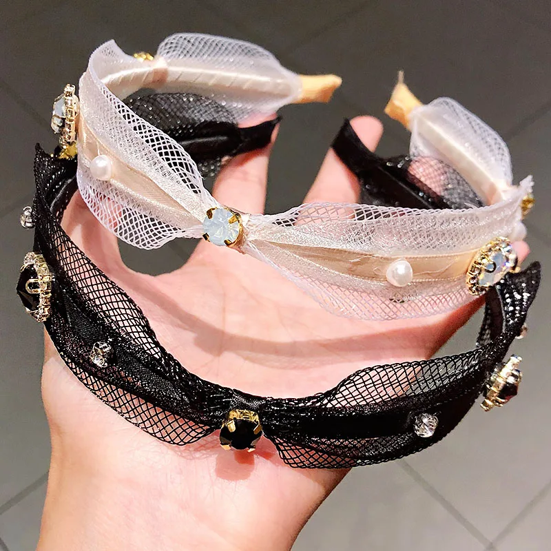 Новые женские элегантные кружевные простые обручи для волос с кристаллами