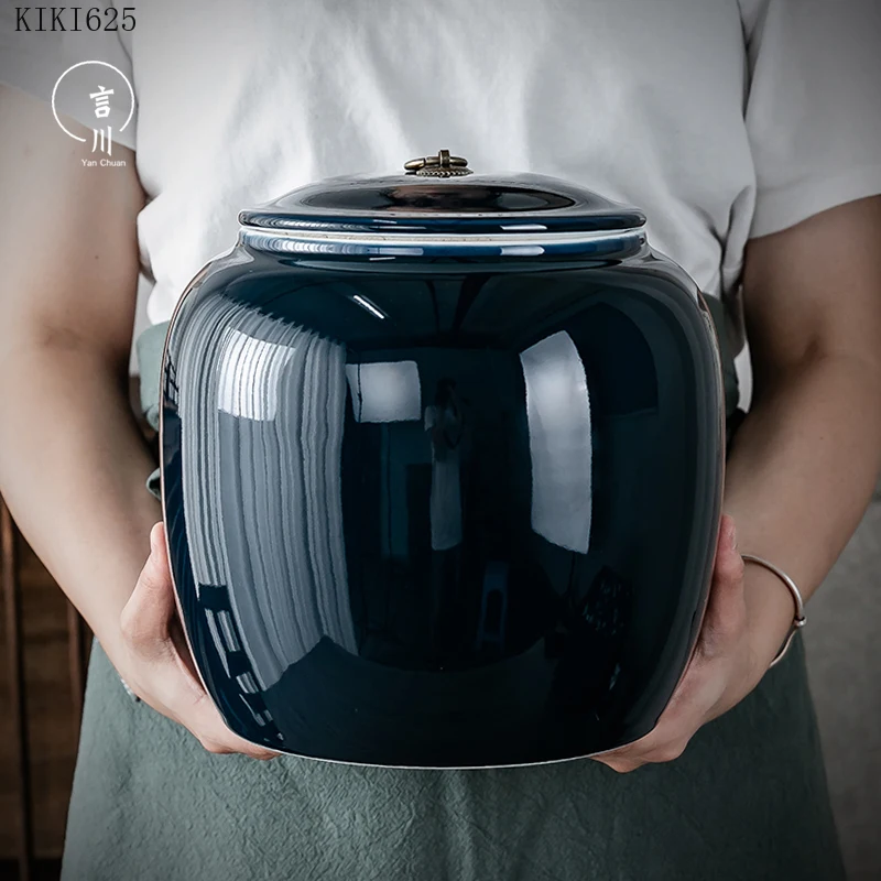 

Porcelain Glaze Dark Blue Sealed Storage Jar with Lid, Coffee Bean Tea Tin, Moisture-proof Large-capacity Storage Jar Container