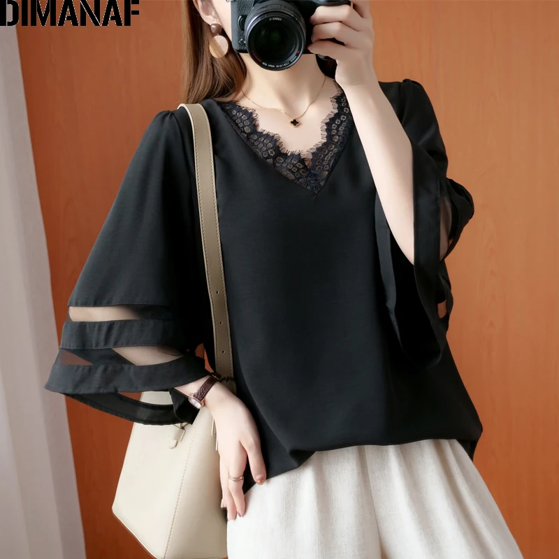 

DIMANAF Summer Blouse Shirt Women Clothing Elegant Fashion Lady Tops Tunic V-Neck Lace Loose Black Spliced Long Sleeve blouses