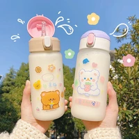 480ml kawaii bear strawberry frosted glass water bottle for kids girl leakproof travel milk juice drinking bottle with straw lid