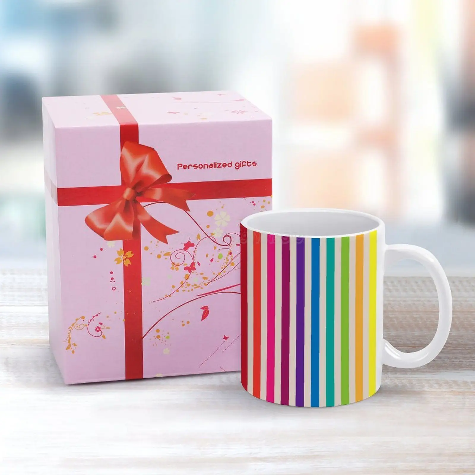 Разноцветная белая кружка в радужную полоску с рисунком 11 унций забавные