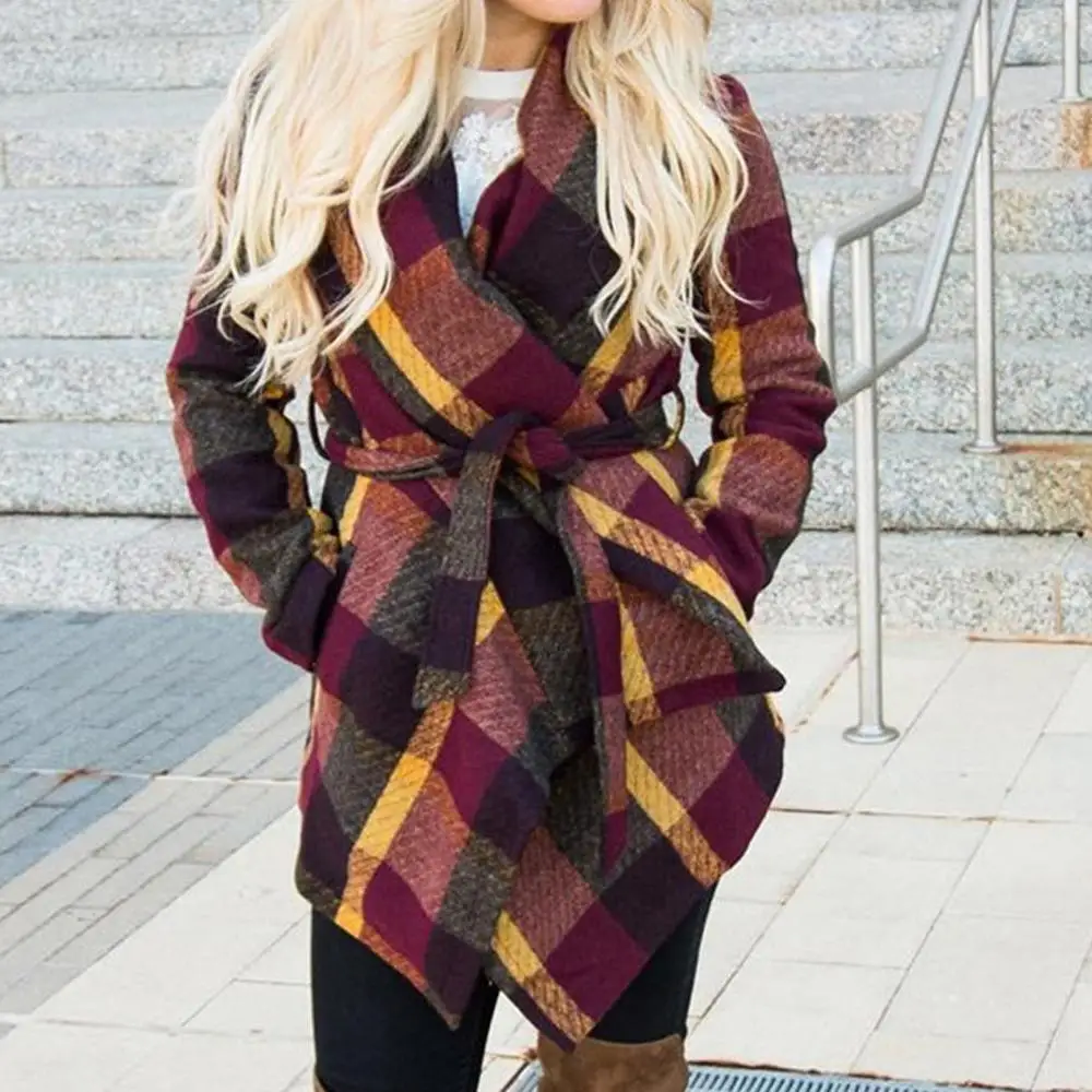 Cashmere Woolen Women Coat Winter Vintage Warm Plaid Sashes Irregular Wool Manteau Femme Abrigos Mujer Plaszcze Damskie | Женская одежда