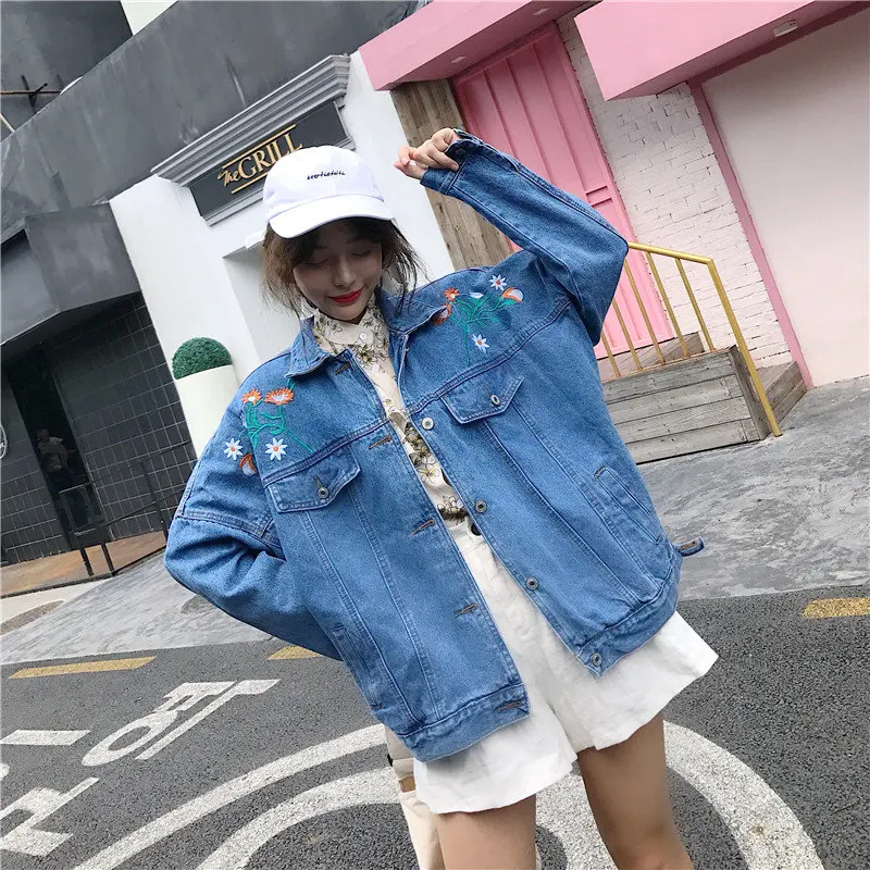 

HziriP 2019 Embroidery Floral Autumn BF Style Denim All Match Jackets Vintage Stylish Women Casual Feminine Loose Chic Coats