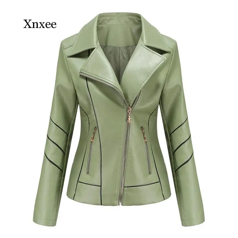 

Новинка Женская облегающая однотонная мотоциклетная куртка-бомбер из искусственной кожи с длинным рукавом отложным воротником на молнии в стиле панк верхняя одежда # g3