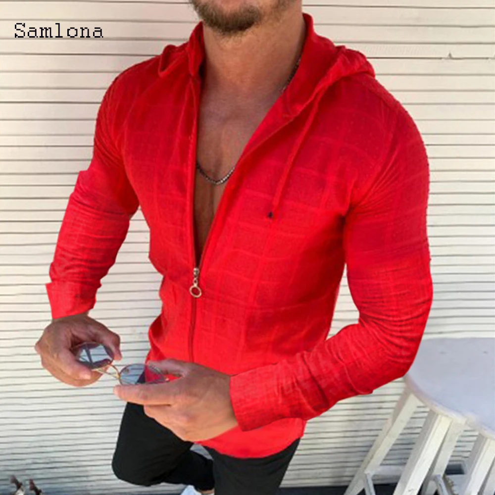 

2021Autumn Beach Mens Hooded Long Sleeve Shirts With Zipper Casual Homme Slim Fit T Shirts For Man Streetwear Solid Color Blouse
