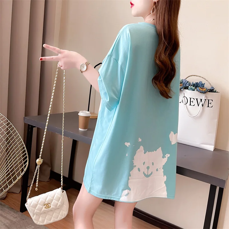 

#1213 Summer Black White Blue Casual Tie Dye Letters T-shirt Femme Short Sleeve Loose O Neck Harajuku Cotton Womens Tee Shirts