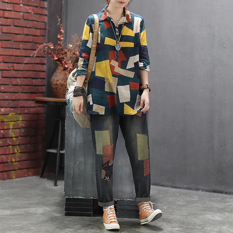 

Women Loose Casual Long Blouses Shirts New 2020 Spring Fashion Vintage Geometric Pattern Cotton Linen Female Tops Shirts P269