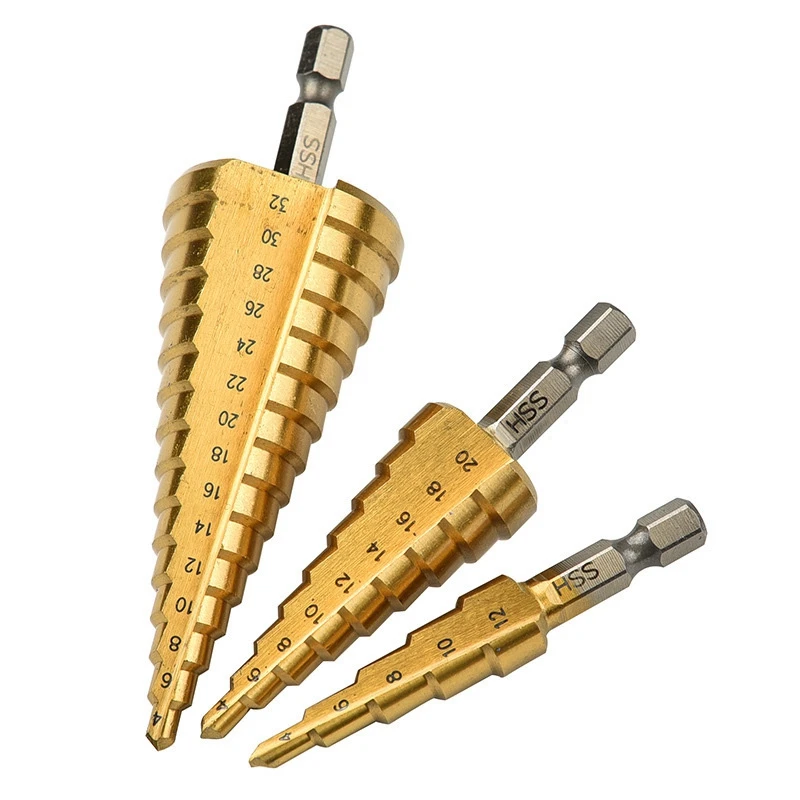 

3Pc Step Drill Bit Set Cone Hole Cutter Taper Metric 4 - 12 / 20 / 32mm 1 / 4 Inch Titanium Coated Metal